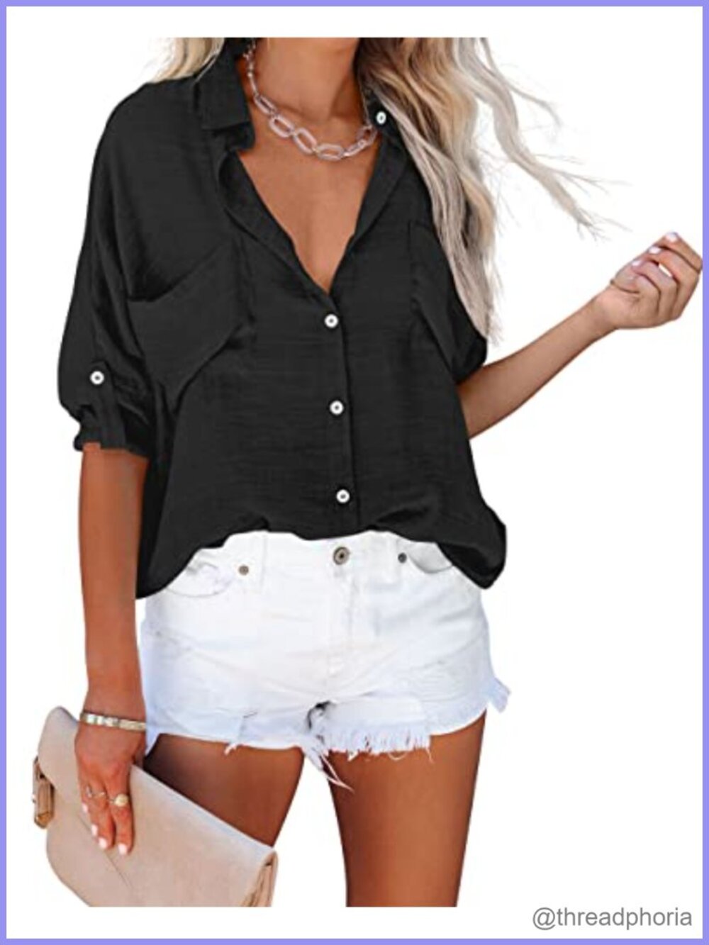 Womens V-Neck Button Down Shirt Long Roll Up Sleeve Loose Blouse with Pockets